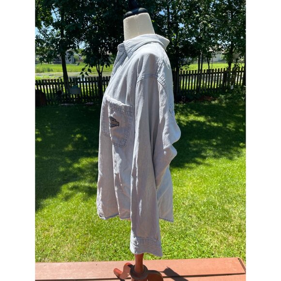 Harley-Davidson Blue Denim Button-Up Shirt L With Logo Pocket Trashed Frayed - Picture 6 of 10